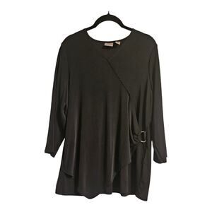 Chicos Easy Wear Black Top Womens 3/XL/16 Stretch Crossover V-Neck 3/4 Sleeves